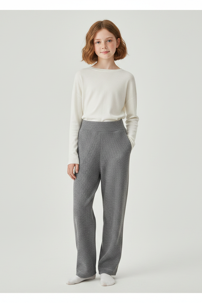 Pantalon Gris Tricoté Large Confortable Décontracté Femme - Maille
