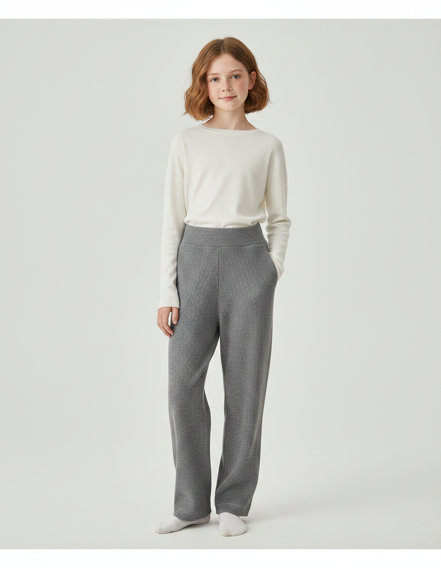 Pantalon Gris Tricoté Large Confortable Décontracté Femme - Maille