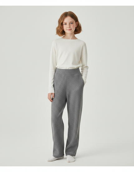 Pantalon Gris Tricoté Large Confortable Décontracté Femme - Maille