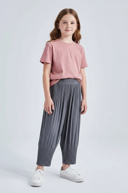 Pantalon Gris Plissé Ample Décontracté Fille - Polyester