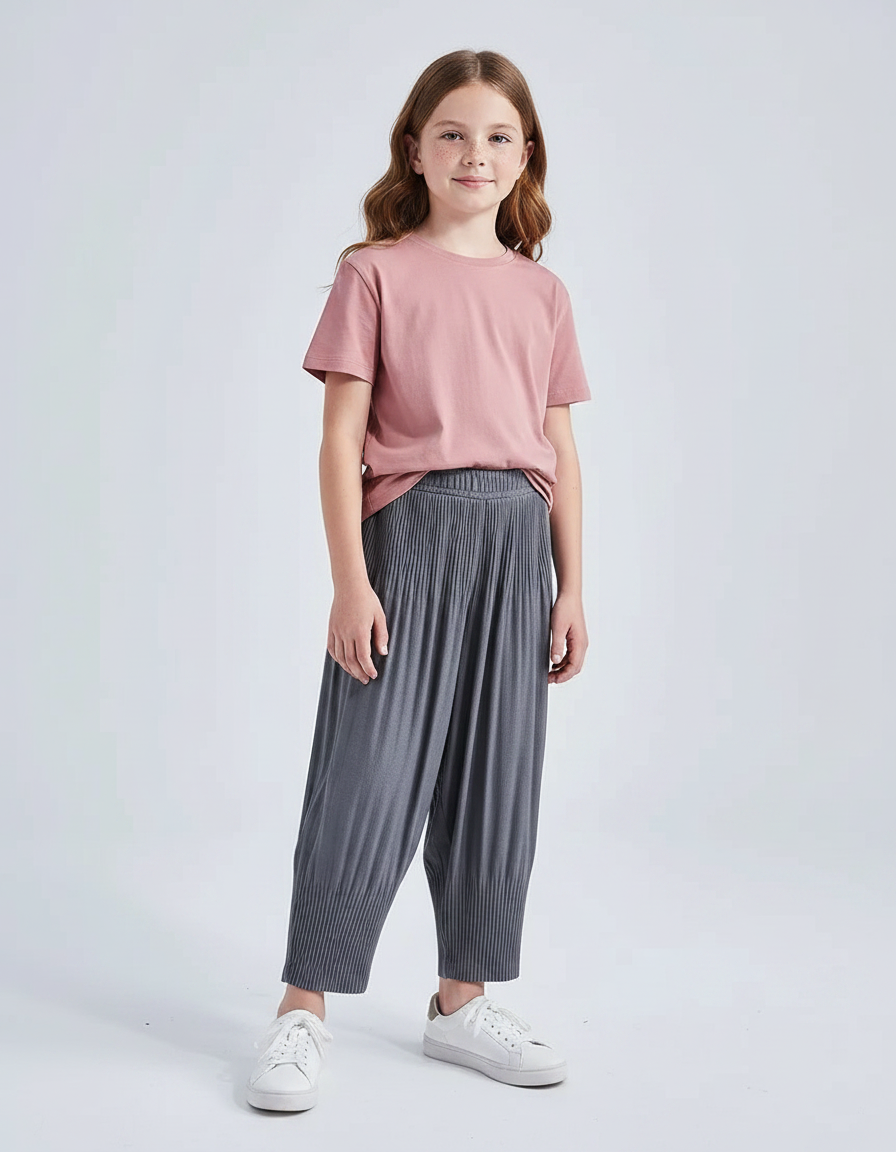 Pantalon Gris Plissé Ample Décontracté Fille - Polyester