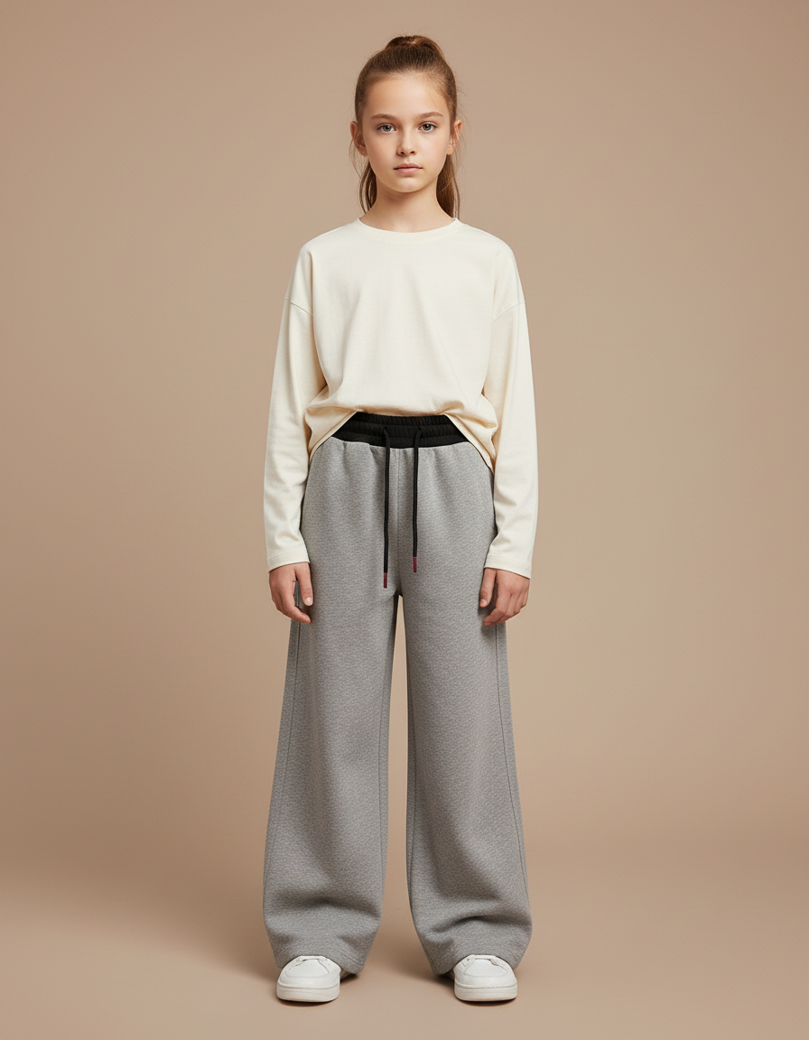Pantalon Gris Large Sport Coton Enfant Fille - Molleton