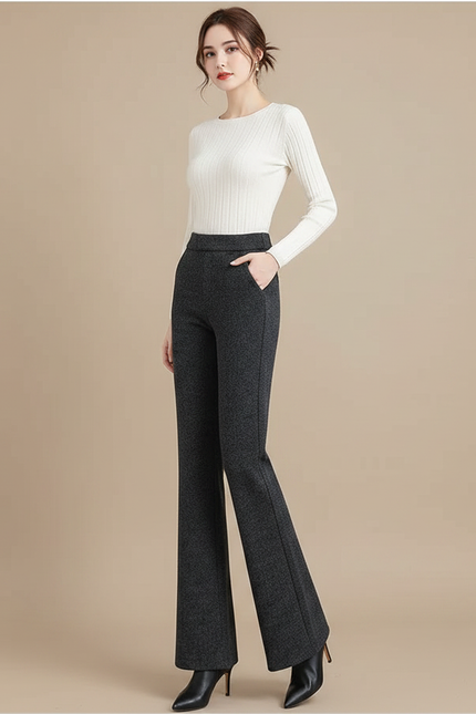Pantalon Gris Évasé Taille Haute Laine Femme