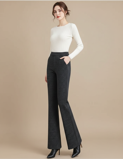 Pantalon Gris Évasé Taille Haute Laine Femme