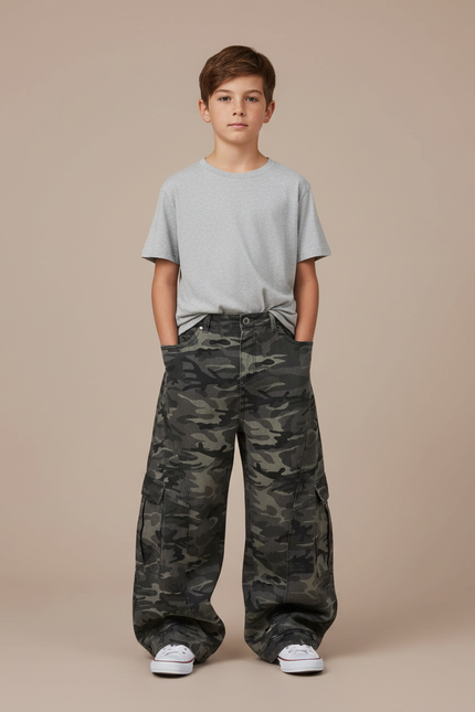 Pantalon Gris Camouflage Ample Cargo Garçon - Toile