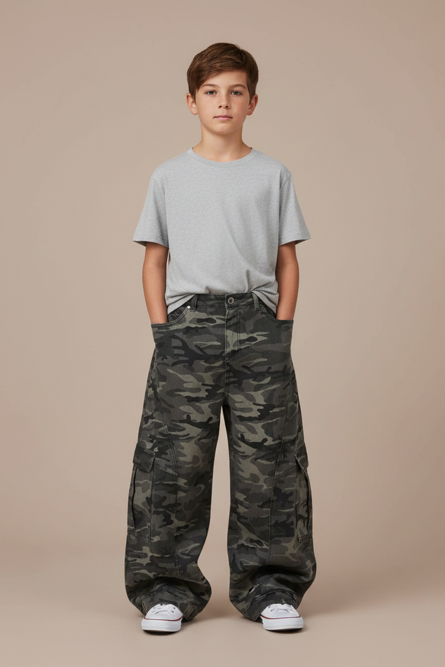 Pantalon Gris Camouflage Ample Cargo Garçon - Toile