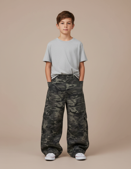 Pantalon Gris Camouflage Ample Cargo Garçon - Toile