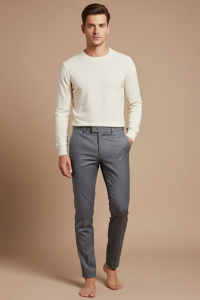 Pantalon Gris Ajusté Élégant Décontracté Homme - Laine