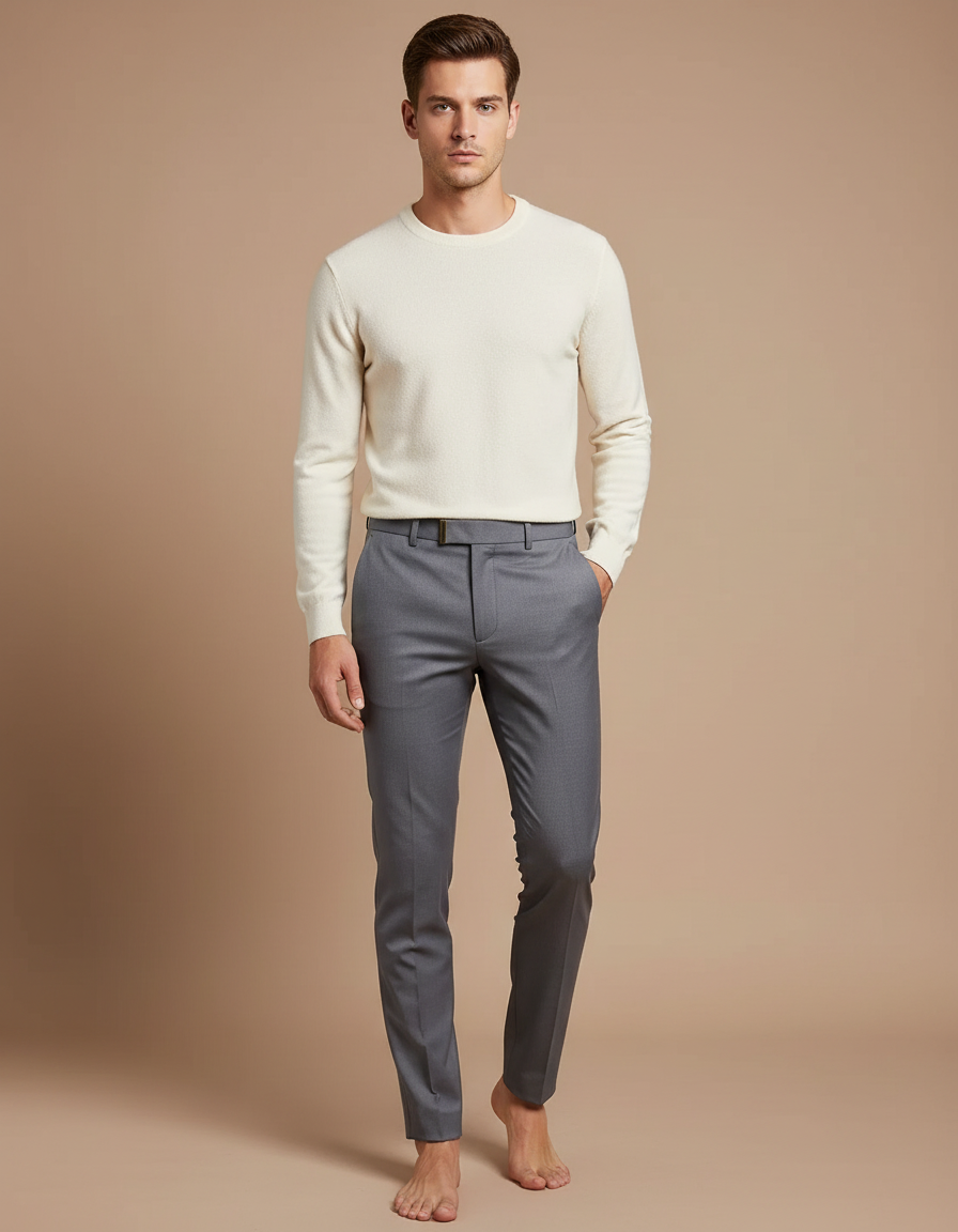 Pantalon Gris Ajusté Élégant Décontracté Homme - Laine