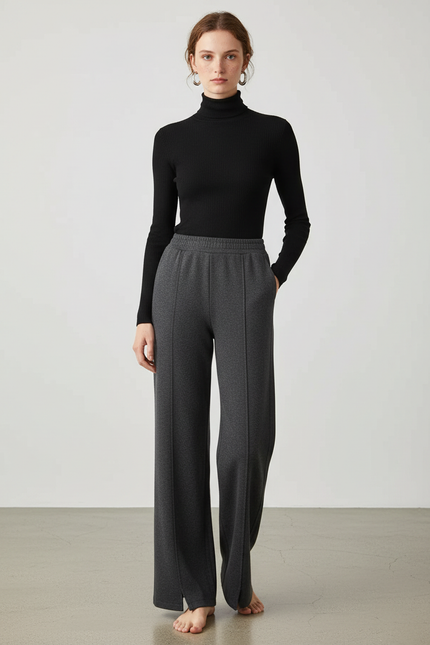 Pantalon Gris Droit Ample Taille Haute Confortable - Molleton