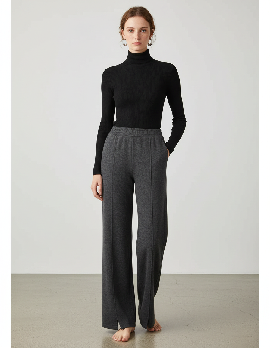Pantalon Gris Droit Ample Taille Haute Confortable - Molleton