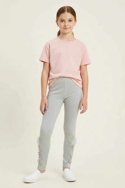 Pantalon Gris Legging Fillette Brodé Fleurs - Maille