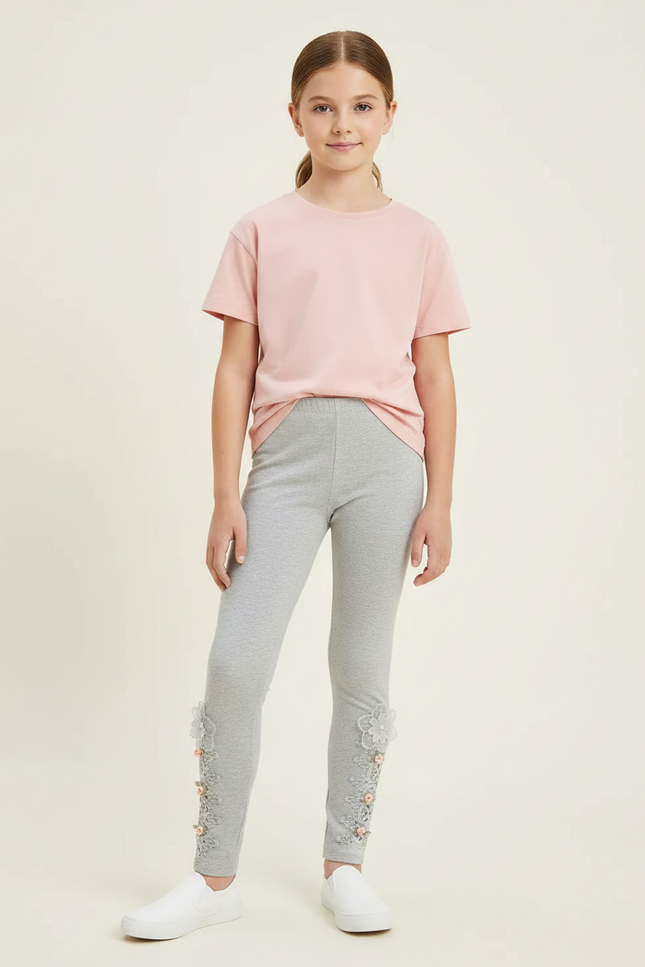 Pantalon Gris Legging Fillette Brodé Fleurs - Maille