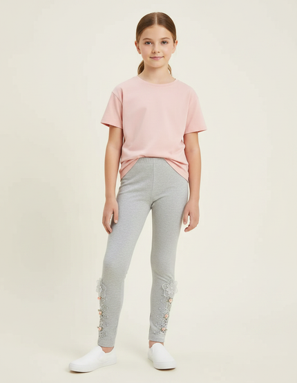 Pantalon Gris Legging Fillette Brodé Fleurs - Maille