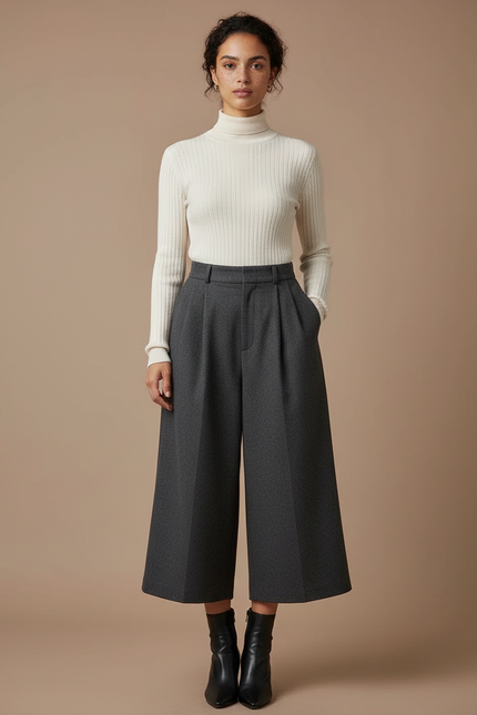 Pantalon Gris Plissé Ample Taille Haute Élégant - Laine