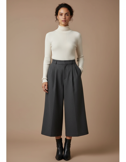 Pantalon Gris Plissé Ample Taille Haute Élégant - Laine