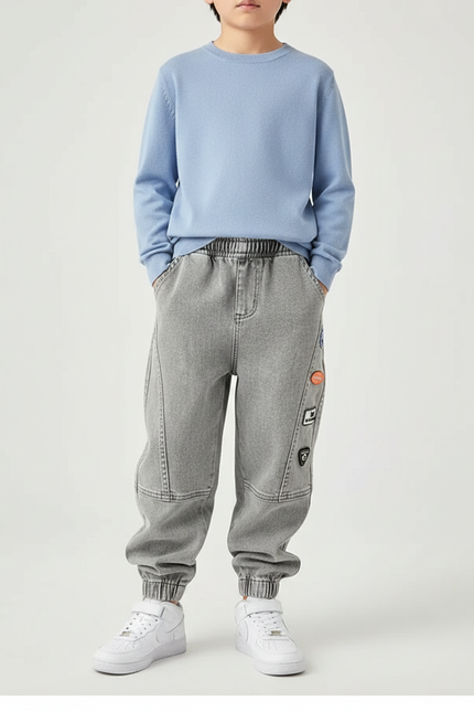 Pantalon Gris Ample Décontracté Garçon Patches - Jean