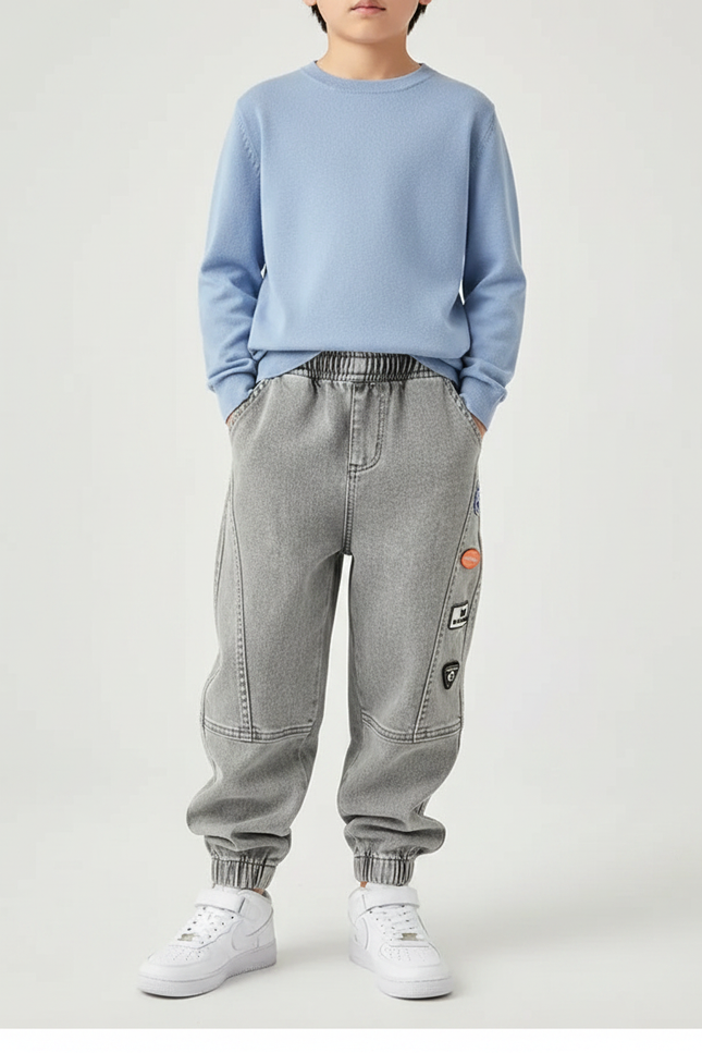 Pantalon Gris Ample Décontracté Garçon Patches - Jean