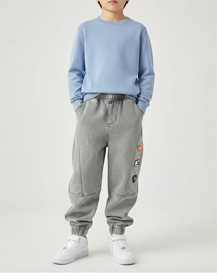 Pantalon Gris Ample Décontracté Garçon Patches - Jean