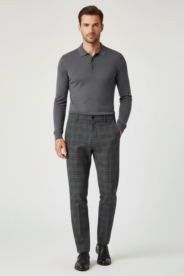 Pantalon Gris Carreaux Slim Habillé Homme - Tweed