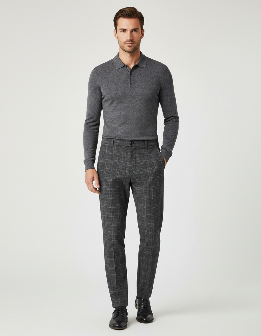 Pantalon Gris Carreaux Slim Habillé Homme - Tweed