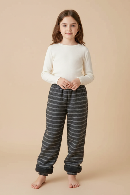 Pantalon Gris Rayé Molletonné Doublé Chaud Enfant