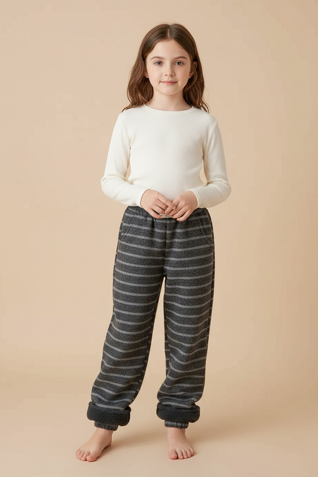 Pantalon Gris Rayé Molletonné Doublé Chaud Enfant