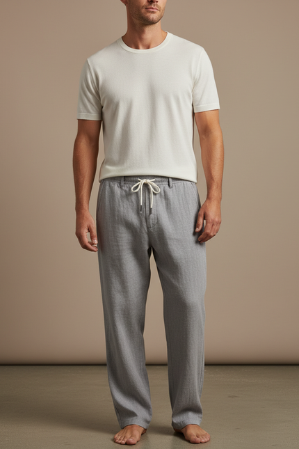 Pantalon Gris Décontracté Droit Cordon Lin Léger