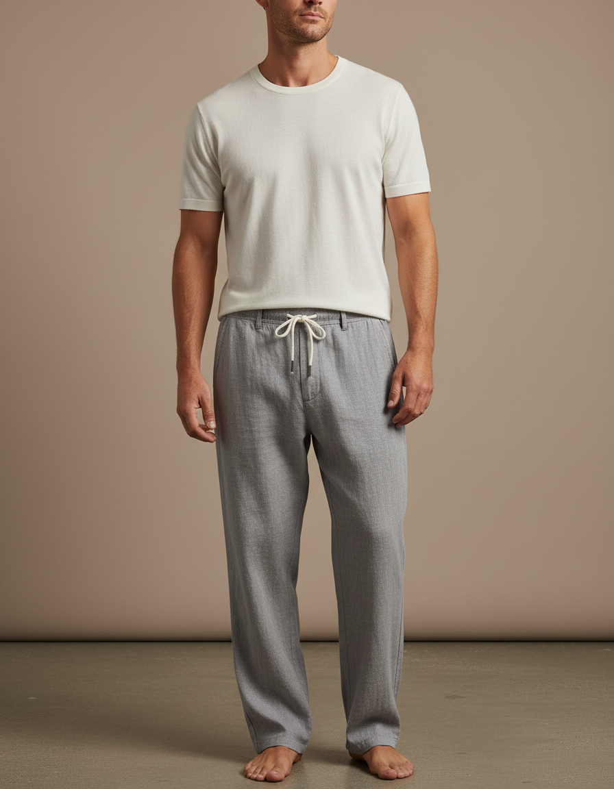 Pantalon Gris Décontracté Droit Cordon Lin Léger