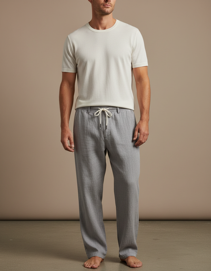 Pantalon Gris Décontracté Droit Cordon Lin Léger