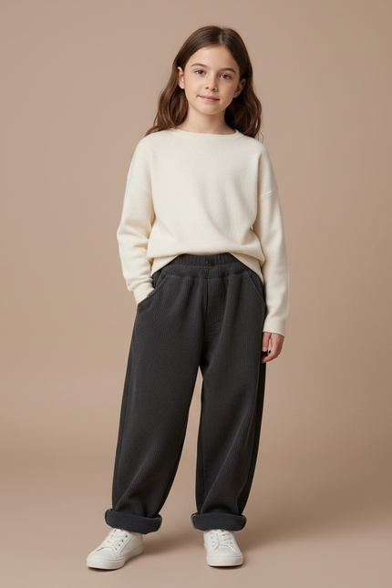 Pantalon Gris Côtelé Ample Décontracté Enfant Doux - Cordé