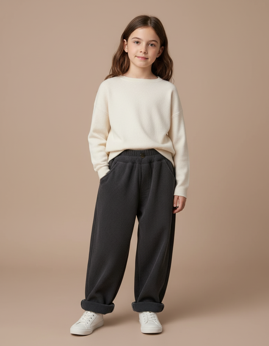 Pantalon Gris Côtelé Ample Décontracté Enfant Doux - Cordé