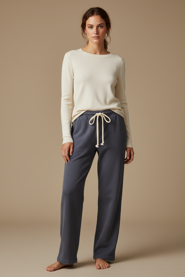 Pantalon Gris Droit Cordon Molletonné Confortable Femme