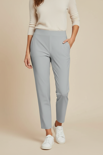 Pantalon Gris Taille Haute Slim Élastique Léger Femme - Polyester