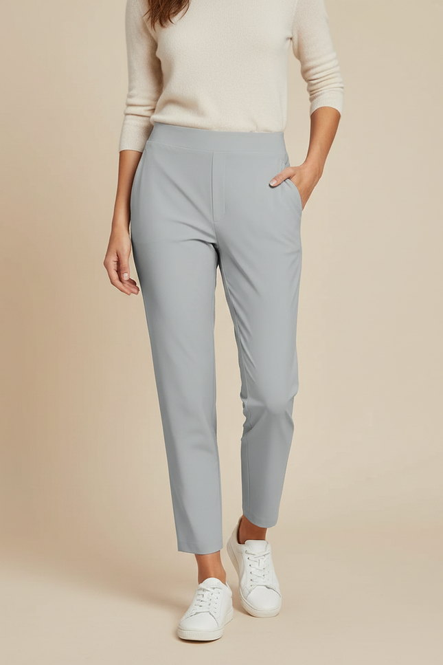 Pantalon Gris Taille Haute Slim Élastique Léger Femme - Polyester