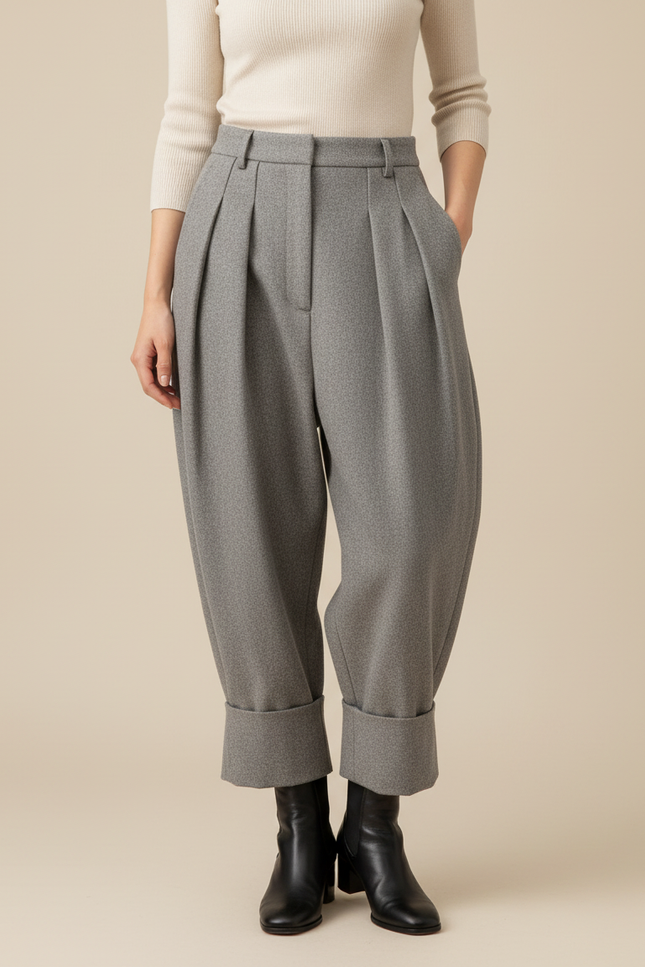 Pantalon Gris Plissé Ample Laine Harem Revers