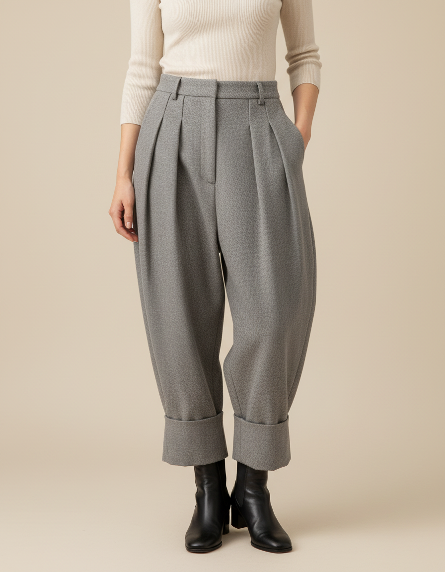 Pantalon Gris Plissé Ample Laine Harem Revers