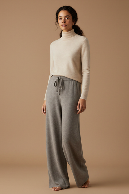 Pantalon Gris Tricoté Large Cordon Confortable Femme - Maille