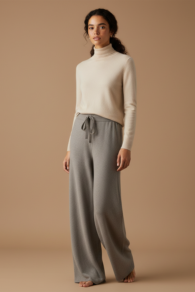 Pantalon Gris Tricoté Large Cordon Confortable Femme - Maille