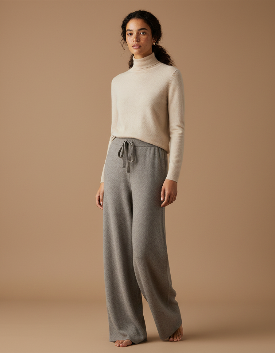 Pantalon Gris Tricoté Large Cordon Confortable Femme - Maille