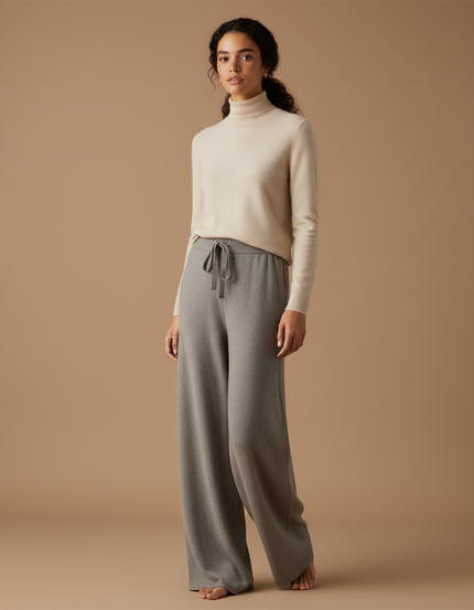Pantalon Gris Tricoté Large Cordon Confortable Femme - Maille