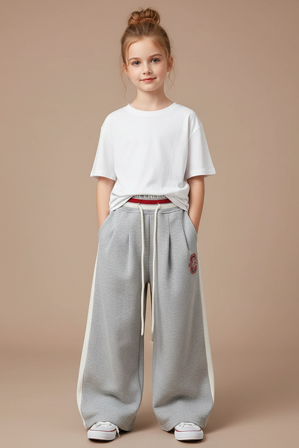 Pantalon Gris Ample Décontracté Molletonné Rayé Large