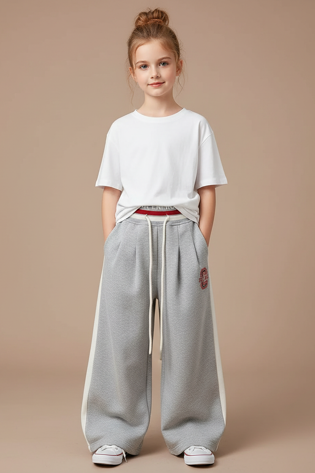 Pantalon Gris Ample Décontracté Molletonné Rayé Large