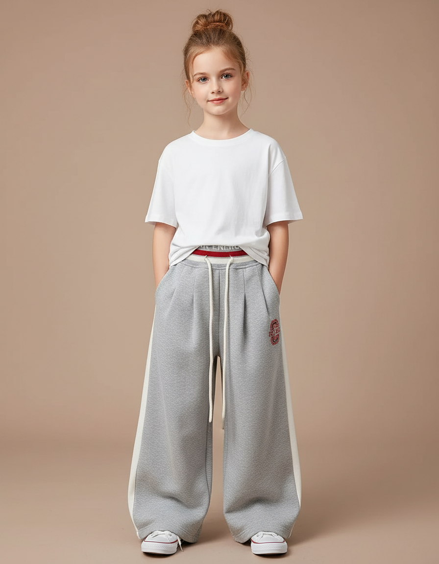 Pantalon Gris Ample Décontracté Molletonné Rayé Large