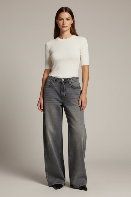 Pantalon Gris Large Délavé Taille Haute Ample Y2K - Jean