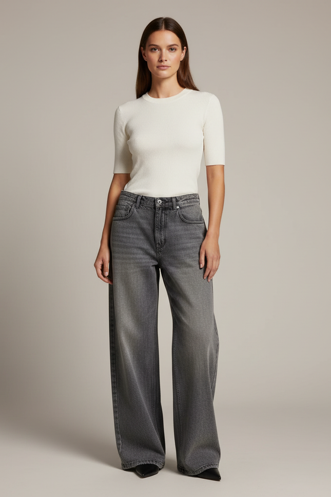 Pantalon Gris Large Délavé Taille Haute Ample Y2K - Jean