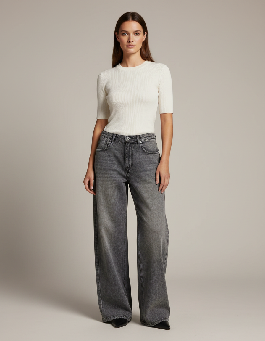 Pantalon Gris Large Délavé Taille Haute Ample Y2K - Jean