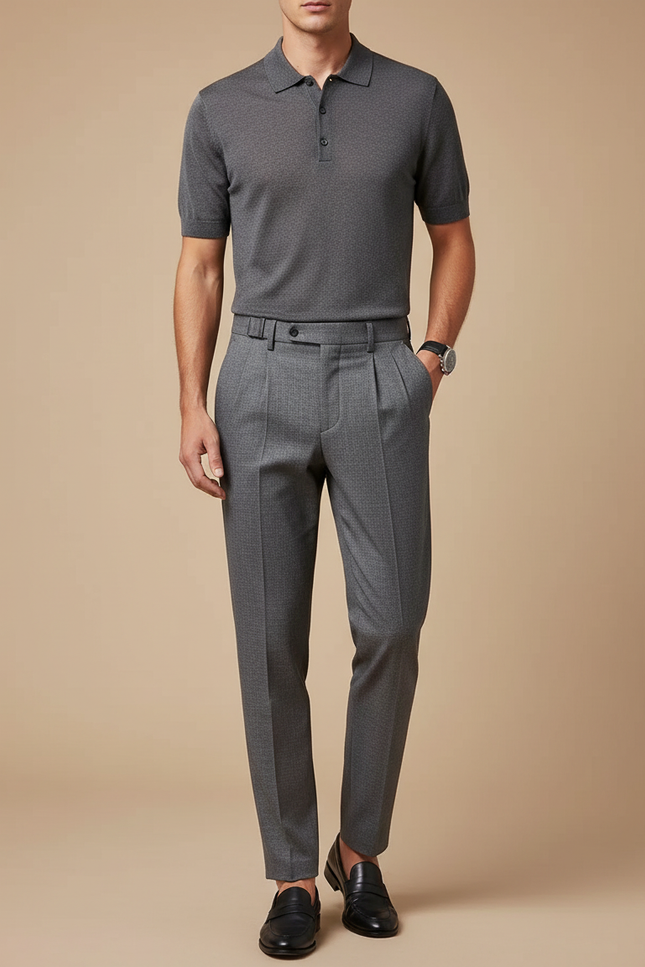 Pantalon Gris Laine Plissé Slim Habillé Texturé