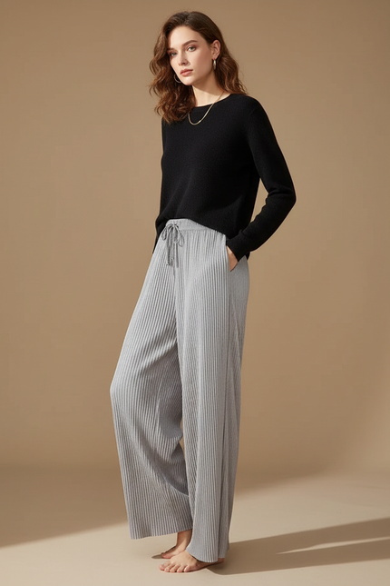 Pantalon Gris Plissé Fluide Ample Décontracté Femme - Maille