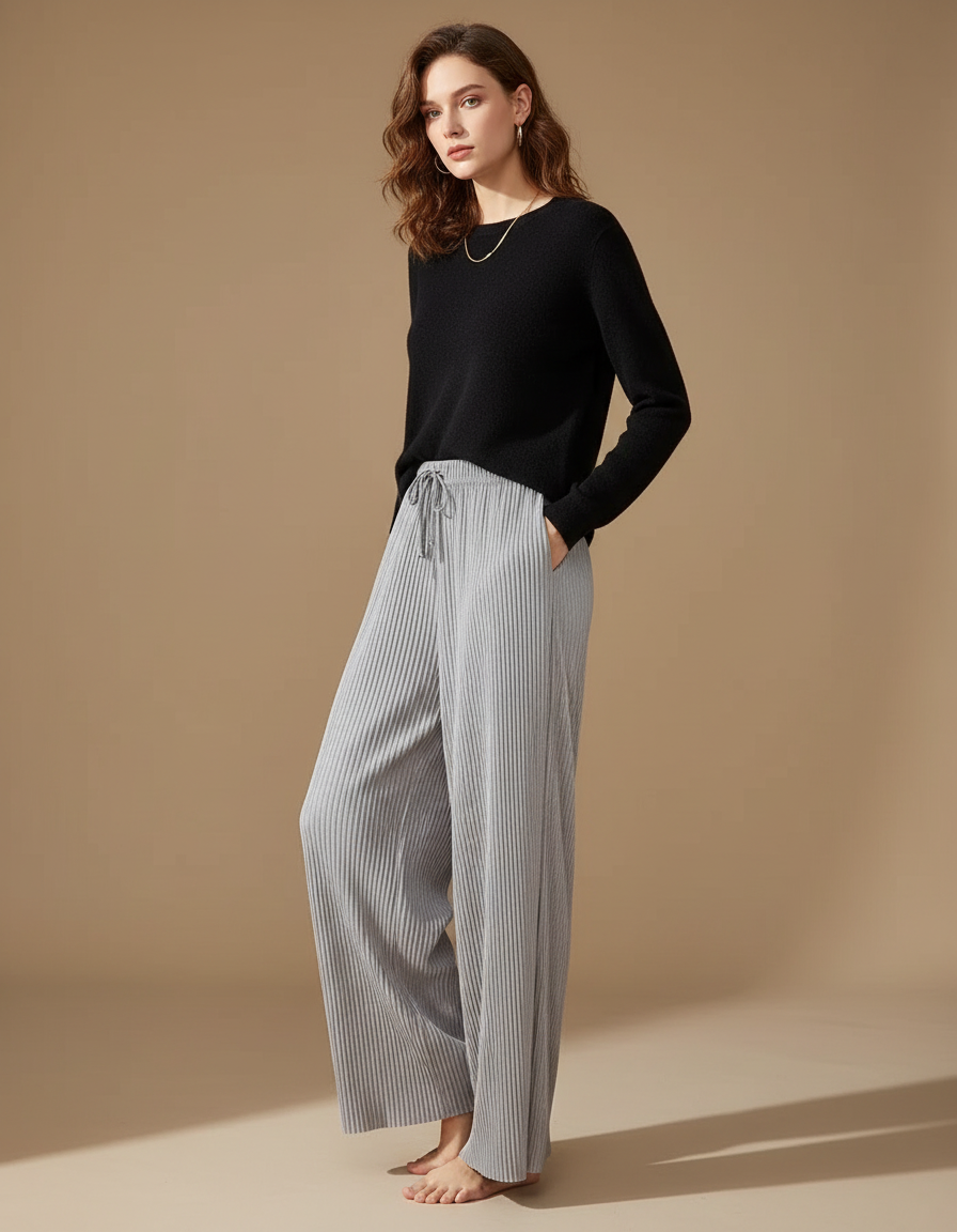 Pantalon Gris Plissé Fluide Ample Décontracté Femme - Maille